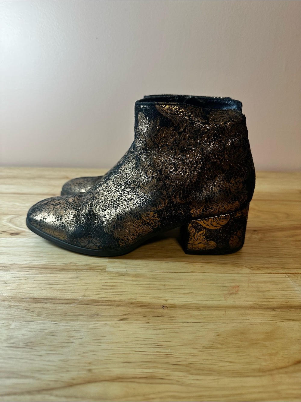 Vagabond Black and Gold Floral Block Heel Ankle Boots